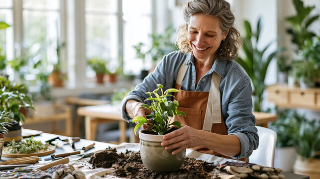 Mature woman enjoying hobby, smiling while repotting green houseplants, focusing on happy gardening and home activity