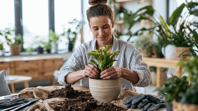 Woman enjoying indoor gardening, planting a green houseplant into a ceramic pot, nurturing nature at home