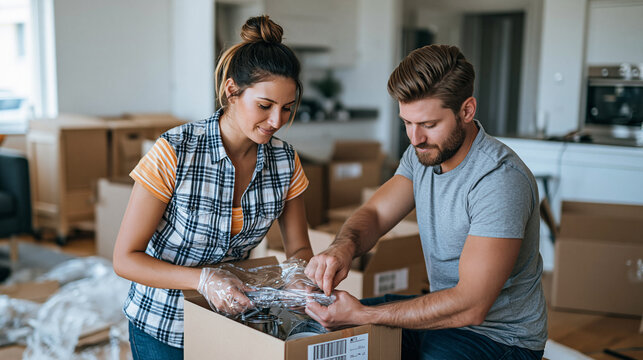 Young couple unpacking kitchenware from cardboard box after moving into a new house, making a fresh start together