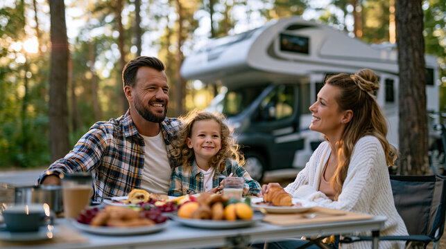 Happy family enjoying breakfast outdoors during camping trip, sharing moments near a motorhome in nature