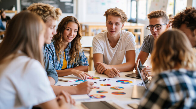 Diverse young students collaborating on a creative project, discussing ideas and data using colorful charts in a modern learning environment