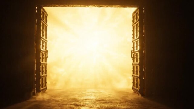 Open ancient wooden door with bright sunlight shining through in a dark stone room