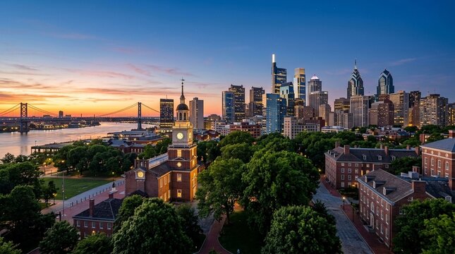Philadelphia skyline with Independence Hall at dawn June summer