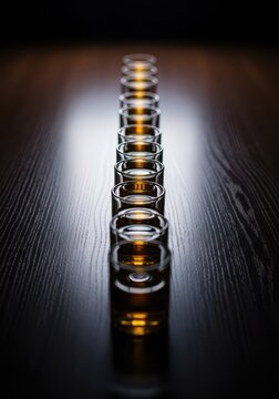Small clear glass vessels filled with a golden amber liquid, lined up neatly on a reflective dark wooden surface, ready for a toast, golden, arrangement, service