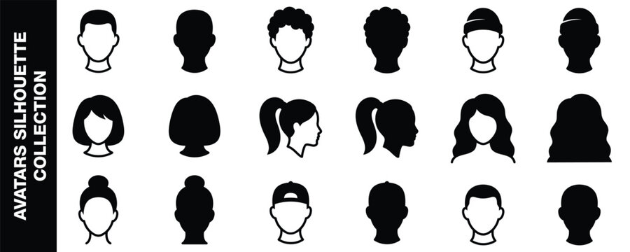 People avatar silhouette collection, diverse men and women profile icons set, vector user default placeholders for social media profile picture