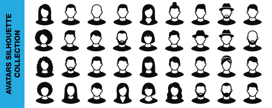 People avatar silhouette collection, diverse men and women profile icons set, vector user default placeholders for social media profile picture