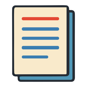 Flat vector illustration of stacked documents with a red header line and blue text lines on cream paper, two-page paperwork icon representing reports, forms, and printed pages