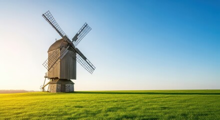 Fototapeta premium A historic wooden windmill stands tall in a lush field of vibrant green grass under a clear blue sky during the beautiful springtime season, wide angle, nature, lush