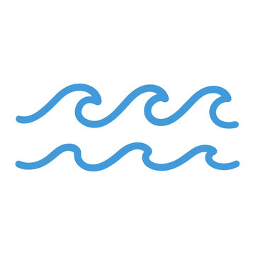 Minimal blue wave icon depicting two parallel rows of stylized ocean waves with curling crests, a simple marine symbol representing water, sea, surf, tides, and nautical themes