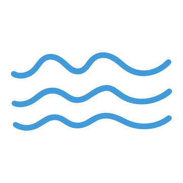 Minimalist blue icon featuring three parallel wavy lines symbolizing water, waves and ocean surface; simple aquatic design element representing fluid motion and calm sea