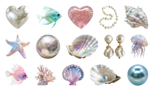 PNG Iridescent ocean-themed decorative elements on transparent background