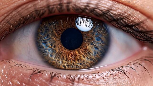 High magnification macro shot of an open human eye blinking showing complex mosaic patterns of an amber hazel brown iris structure depicting unique biological traits, genetic sequence visualization, a