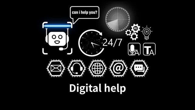digital help With Global Communication Icons And 24 7 Clock and Radar scanning . address, live chat, man) 4k video animation