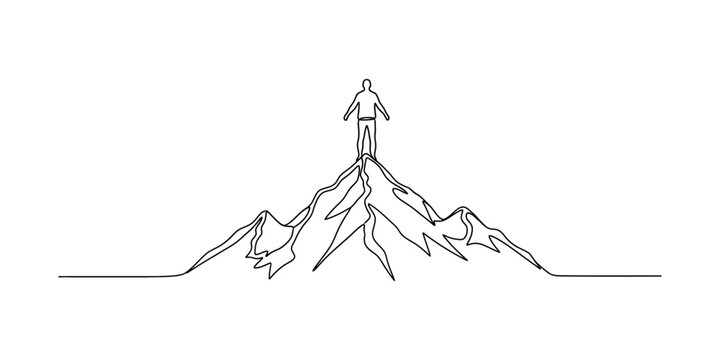Person standing on mountain peak triumphantly.