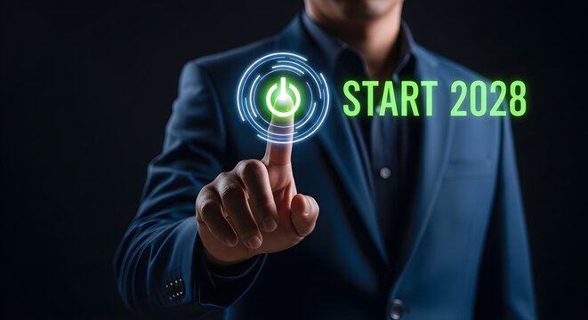 Person pressing start button for the year 2028 with glowing digital interface and dark background.