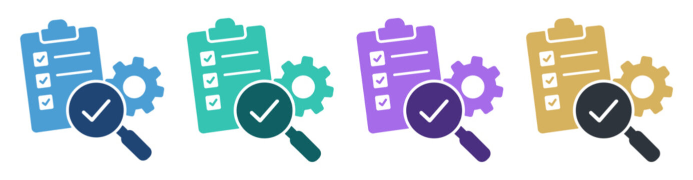 checklist verification search clipboard gear magnifier icon set on transparent background