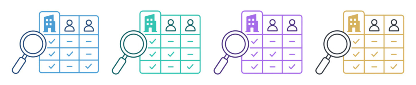 magnifying glass comparison table search icon set on transparent background