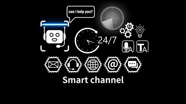 smart channel With Global Communication Icons And 24 7 Clock and Radar scanning . address, live chat, man) 4k video animation