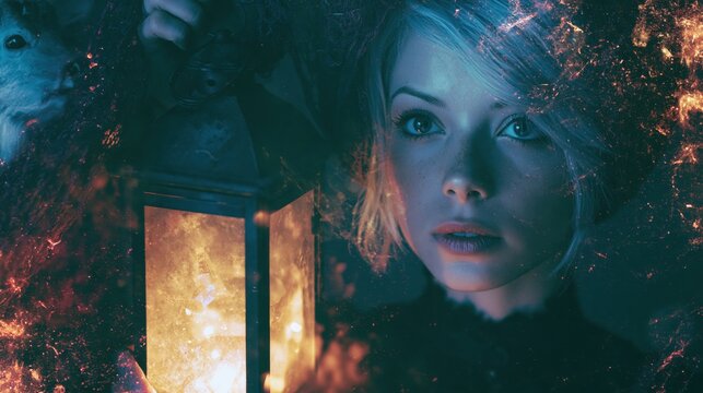 A dreamlike cinematic composition featuring a young woman&rsquo;s luminous face emerging from a surreal, ethereal atmosphere. Lantern light glows warmly from a rectangular lantern in the lower left, castin