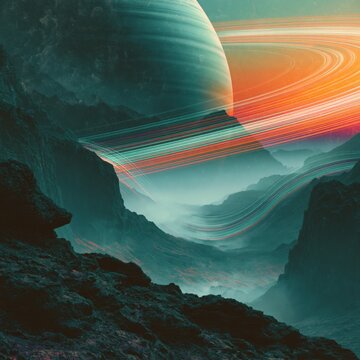 A dreamlike cosmic landscape where jagged alien cliffs and cavernous AR-like canyons recede into a surreal halftone sky. Vibrant ribbons of light sweep across a deep teal canyon, circling a colossal