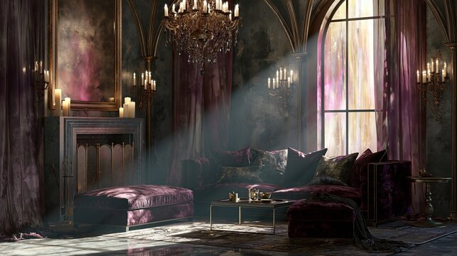 A dreamlike velvet-draped gothic living room bathed in warm sunlit tones and dramatic shadows, where velvet textures, dark palette, and minimalist modern touches coexist within a dream weaving of sun