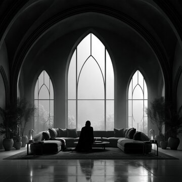 A dreamlike, surreal interior scene inspired by melodic metalcore energy and gothic architectural grandeur: a spacious room with towering arched windows, dark velvet seating arranged in a circular, m