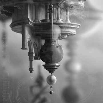 A surreal, dreamlike composition blending neo-soul jazz fusion aesthetics with architectural elements and musical motifs. An upside-down, ornate classical structure dominates the frame, featuring arc