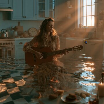 A dreamlike studio-inspired scene of a woman seated in a kitchen, playing an acoustic guitar while submerged in water that covers the checkered floor. Soft, cinematic lighting streams from a window t