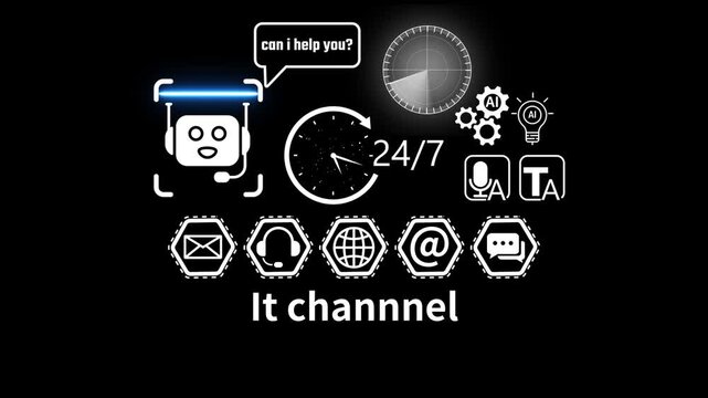 it channel With Global Communication Icons And 24 7 Clock and Radar scanning . address, live chat, man) 4k video animation