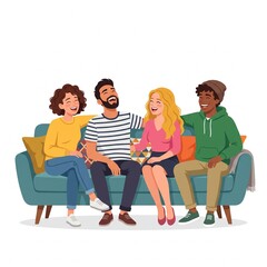Fototapeta premium Diverse group of friends laughing together on a couch, symbolizing support and mental well-being