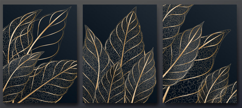 Luxury dark art background with golden leaves in a line style. Botanical set for cover design, posters, prints, textiles, packaging, and interior design.