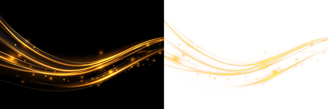 Transparent png of dynamic orange light waves with sparkling dust particles and glowing swirling lines overlay effect for modern design and luxury backgrounds wave line twirl shine element