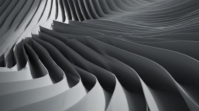 Abstract grey background featuring smooth architectural layered folds and curved waves. This monochromatic 3D render shows rhythmic parametric surfaces with soft shadows.