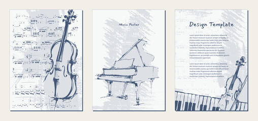 Set of vintage background templates with cello, grand piano, violin hand drawn in sketch style. Design templates with abstract brush strokes, paint texture and sheet music for music posters. Vector. © LuckyCase Production