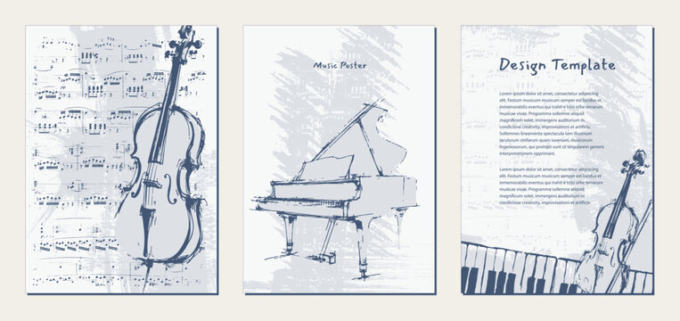 Set of vintage background templates with cello, grand piano, violin hand drawn in sketch style. Design templates with abstract brush strokes, paint texture and sheet music for music posters. Vector.