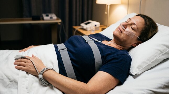 Respiratory Sleep Study Chest Bands Fingertip Sensor Nasal Tubing Close