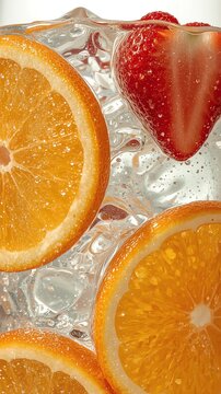  macro of infused water with orange, strawberry and cucumber slices plus ice cubes in a glass, bright natural sunlight, fresh and hydrating summer feeling, detailed condensation and fruit textures