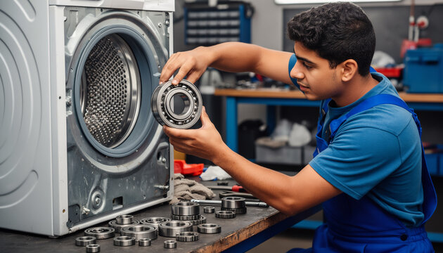 Focused young male technician wearing blue overalls carefully inspecting a metal bearing while repairing a broken washing machine in a bright workshop