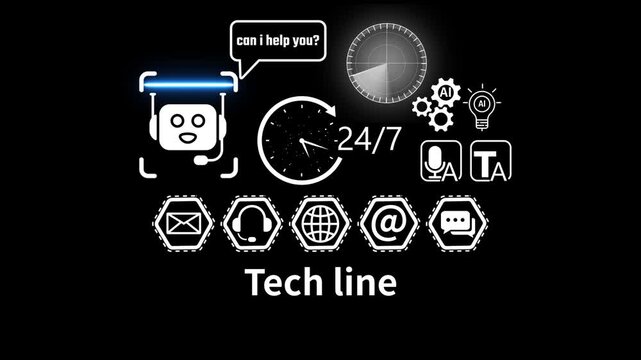 tech line With Global Communication Icons And 24 7 Clock and Radar scanning . address, live chat, man) 4k video animation