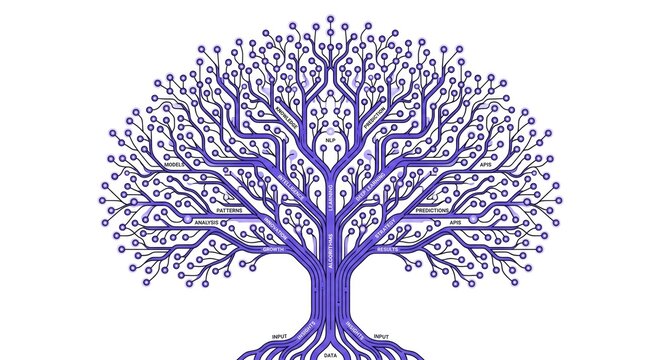 Purple tree illustration with roots and branches on white background