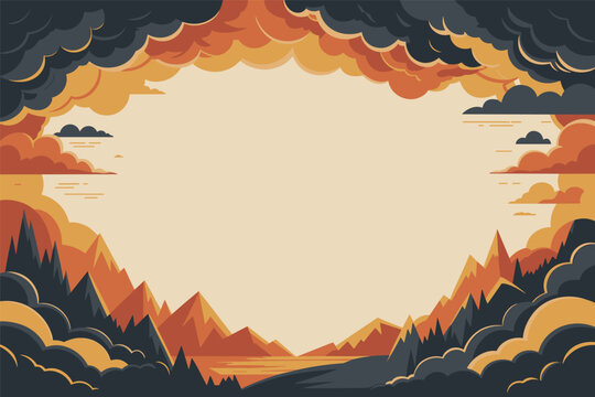 Dramatic moody mountain valley landscape border frame with dark stormy clouds and deep orange sunset around copy space, wild concept