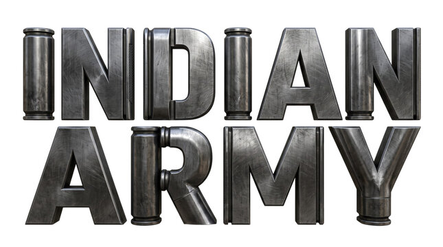 3d render of indian army text with metallic bullet and gun barrel texture isolated on transparent background