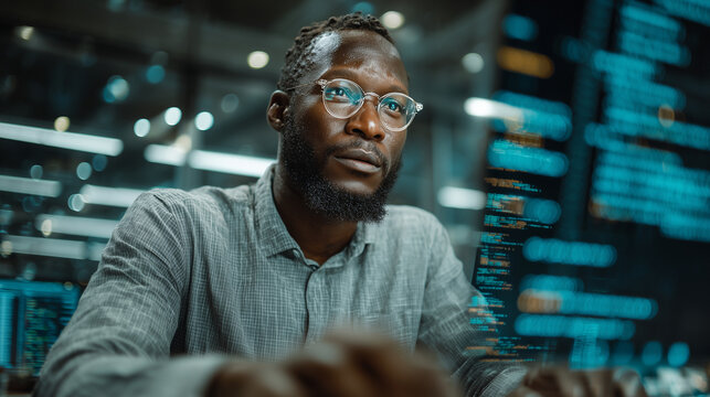 Black Software Engineer Programming Code on Computer in Tech Office; African American IT Developer Working on Cyber Security Data Analytics Overlay.A young Black man with glasses,
