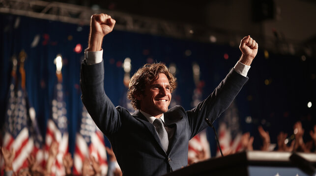 Successful President Candidate Raising Clasped Hands in Victory Gesture at Press Podium; United States Political Winner Campaign Rally Background. a climactic moment of political Independence Day USA 