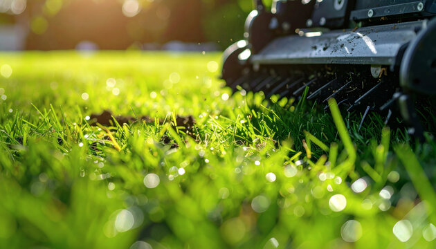Lawn aerator machine working on green grass with morning sunlight creating beautiful bokeh effect in a backyard garden setting