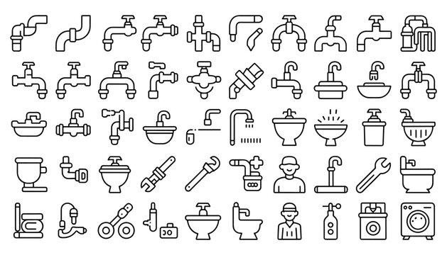 Plumbing line icons set faucets toilets pipes and bathroom fixtures vector illustration