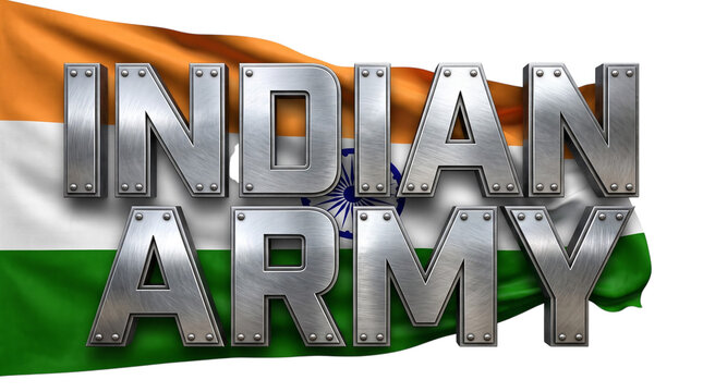 Indian army text with metallic letters over waving indian flag isolated on transparent background