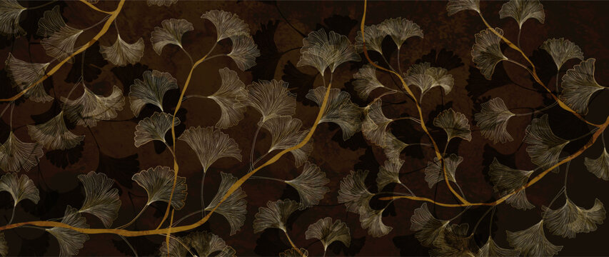 Luxury art backdrop with golden ginkgo leaves on a branch. Botanical banner for decor, wallpaper, prints, textiles, packaging, and interior design.