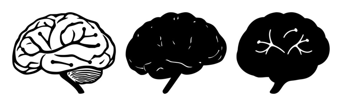 Solid black icon, white background: neurology brain synapse icon set with simple line art design featuring line art, illustrations, graphic resources with vector and design elements