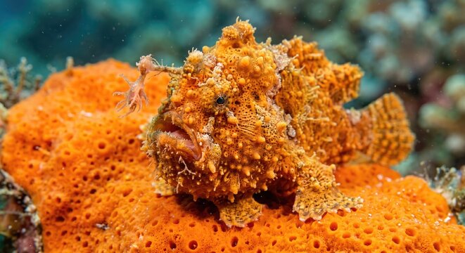 Vibrant orange frogfish on coral reef background